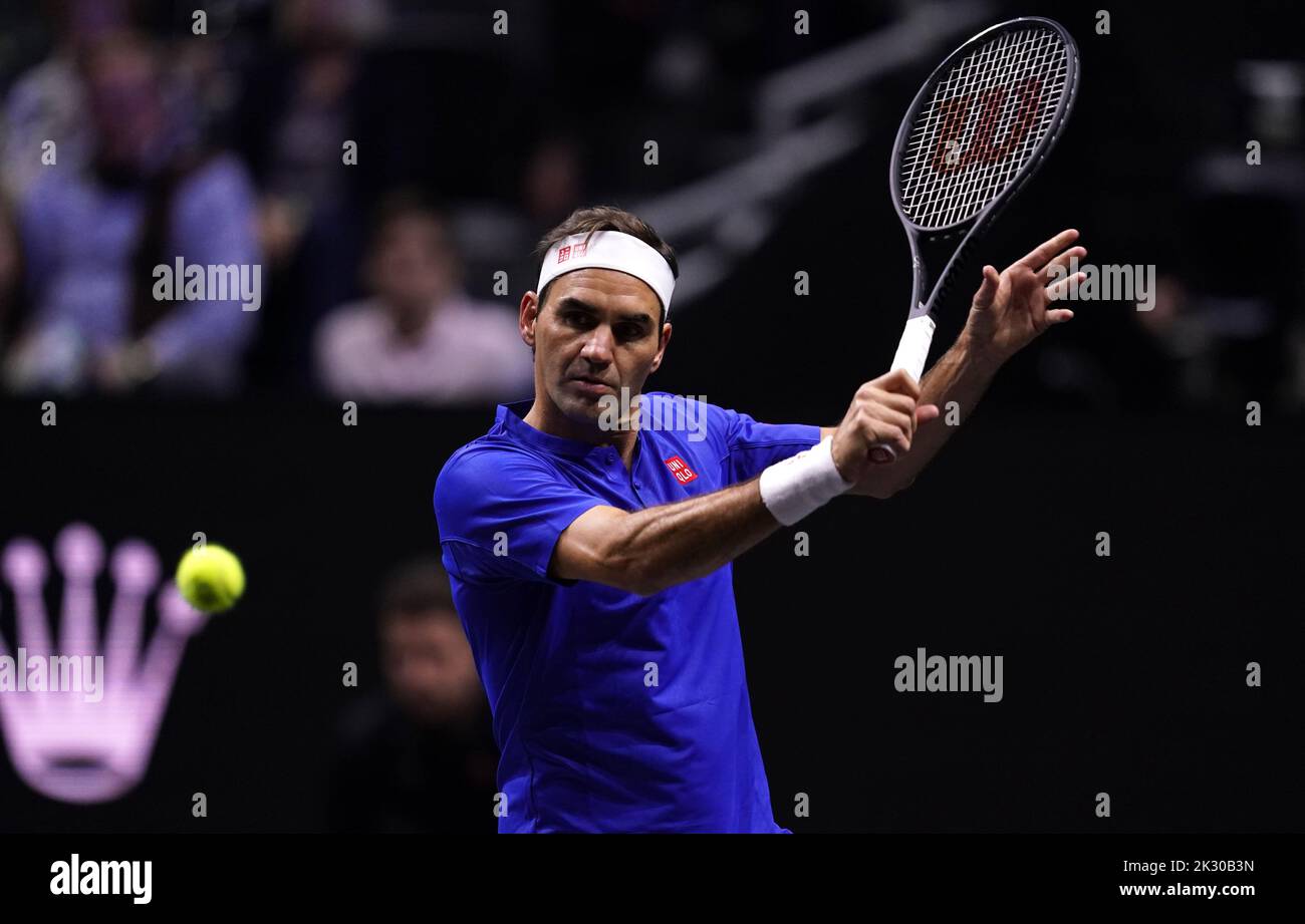 Team Europe's Roger Federer during their match with Team World's Jack Sock and Frances Tiafoe on day one of the Laver Cup at the O2 Arena, London. Picture date: Friday September 23, 2022. Stock Photo