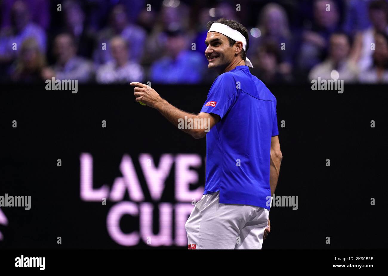 Team Europe's Roger Federer during their match with Team World's Jack Sock and Frances Tiafoe on day one of the Laver Cup at the O2 Arena, London. Picture date: Friday September 23, 2022. Stock Photo