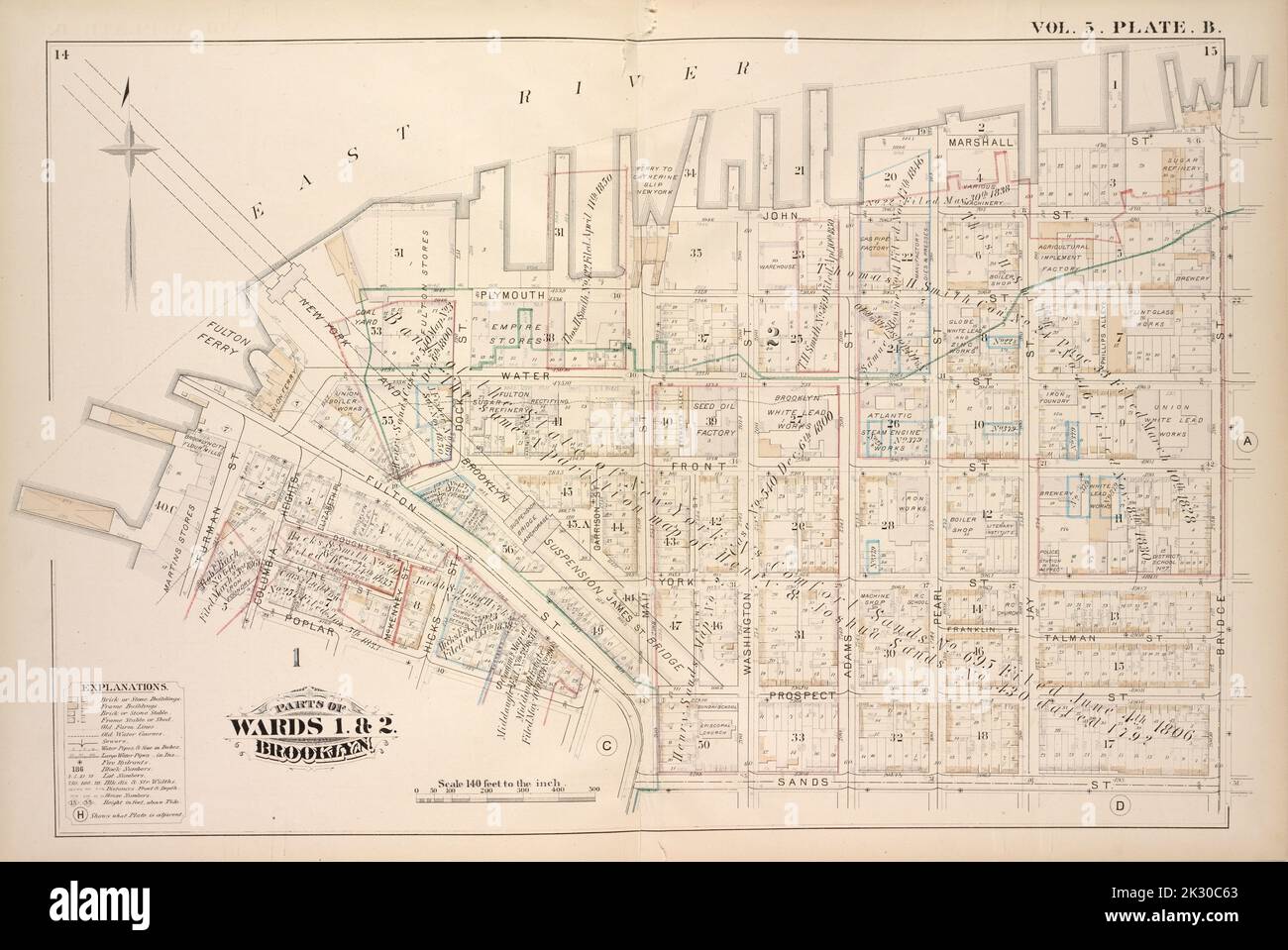 Cartographic, Maps. 1880. Lionel Pincus and Princess Firyal Map Division. Brooklyn (New York, N.Y.), Real property , New York (State) , New York Vol. 5. Plate, B. Map bound by East River, Bridge St., Sands St., Poplar St.; Including Marshall St., John St., PLymouth St., Water St., Front St., Fulton St., Doughty St., Vine St., York St., Franklin Pl., Talman St., Prospect St., Furman St., Columbia Heights, Elizabeth Pl., Dock St., McKenney St., Hicks St., Garrison St., Main St., Flint St., Washington St., Adams St., Pearl St., Jay St. Stock Photo