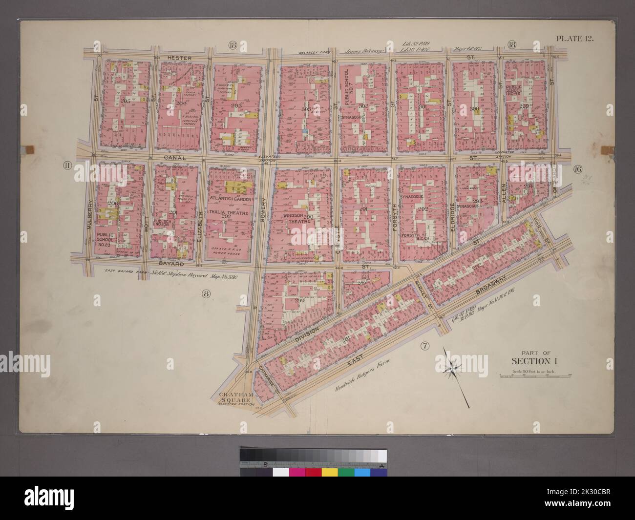 Cartographic, Maps. 1899. Lionel Pincus and Princess Firyal Map Division. Manhattan (New York, N.Y.), Real property , New York (State) , New York Plate 12, Part of Section 1: Bounded by Hester Street, Orchard Street, Division Street, Pike Street, East Broadway, Chatham Square, Bowery Street, Bayard Street and Mulberry Street Stock Photo