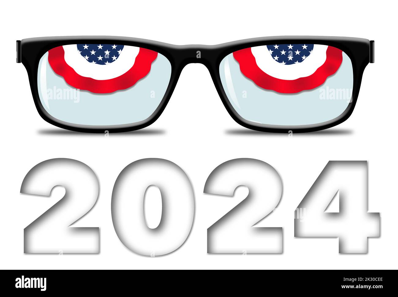 Red, white and blue bunting is seen in eyeglass frames and look like eyes in  a 3-d illustration about keeping eyes on the 2024 election campaigns. Stock Photo