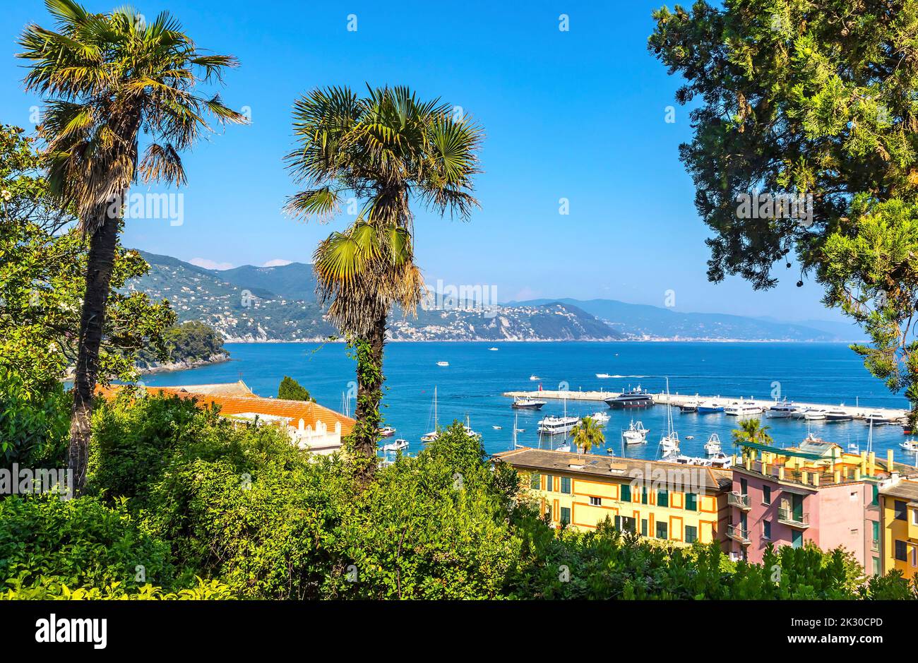 Beautiful summer view of Santa Margherita Ligure harbour. Mediterranean seacoat near luxury sea resort Portofino, Metropolitan City of Genoa, Italy Stock Photo