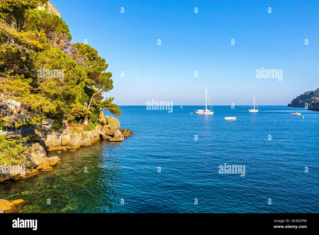 Beautiful natural view of the Bay of Paraggi in Santa Margherita Ligure, Mediterranean seacoat near luxury sea resort Portofino, Metropolitan City of Stock Photo