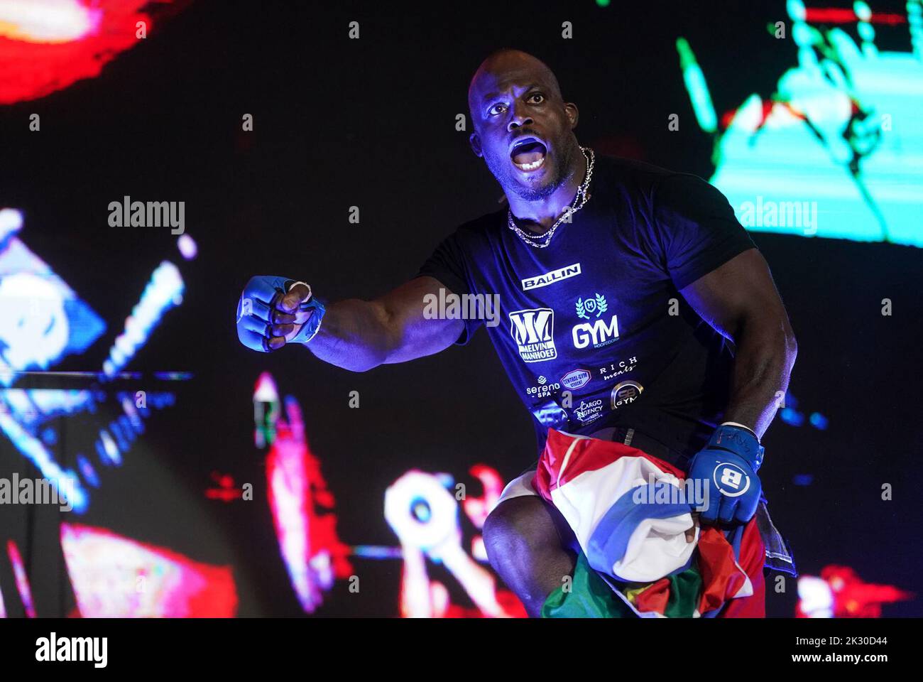 Melvin Manhoef makes his entrance prior to their Light Heavyweight bout during their Welterweight bout during Bellator 385 at the 3 Arena, Dublin. Picture date: Friday September 23, 2022. Stock Photo