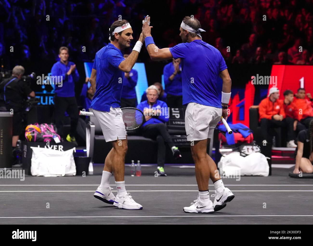 Team Europe's Roger Federer (left) and Rafael Nadal react against Team World's Jack Sock and Frances Tiafoe on day one of the Laver Cup at the O2 Arena, London. Picture date: Friday September 23, 2022. Stock Photo