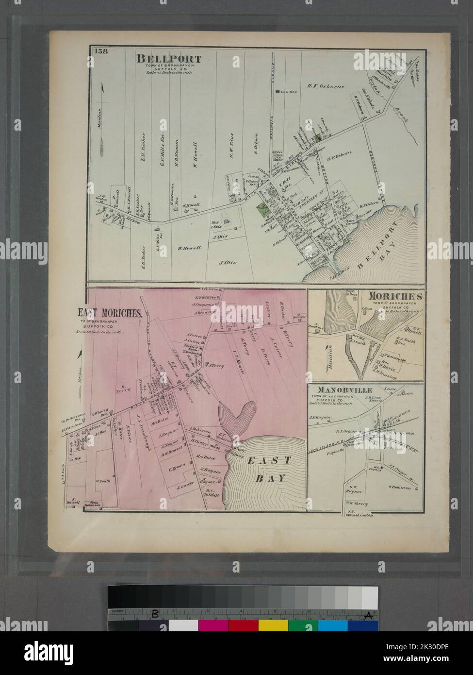 Cartographic, Maps. 1873. Lionel Pincus and Princess Firyal Map Division. Long Island (N.Y.) , Description and travel Bellport, Town of Brookhaven, Suffolk Co. - East Moriches, Town of Brookhaven, Suffolk Co. - Moriches, Town of Brookhaven, Suffolk Co. - Manorville, Town of Brookhaven, Suffolk Co. Stock Photo