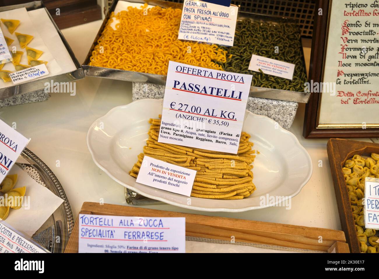 Passatelli Pasta on display in shop window inBologna Italy Stock Photo