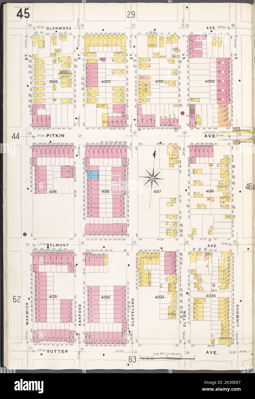 Cartographic, Maps. 1884 - 1936. Lionel Pincus and Princess Firyal Map Division. Fire insurance , New York (State), Real property , New York (State), Cities & towns , New York (State) Brooklyn V. 8, Plate No. 45 Map bounded by Glenmore Ave., Linwood St., Sutter Ave., Warwick St. Stock Photo