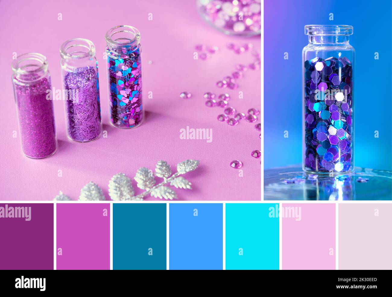 Color matching palette, color swatches from neon colored glitter products on pink sparkling background. Close-up on vials, bottles with various Stock Photo
