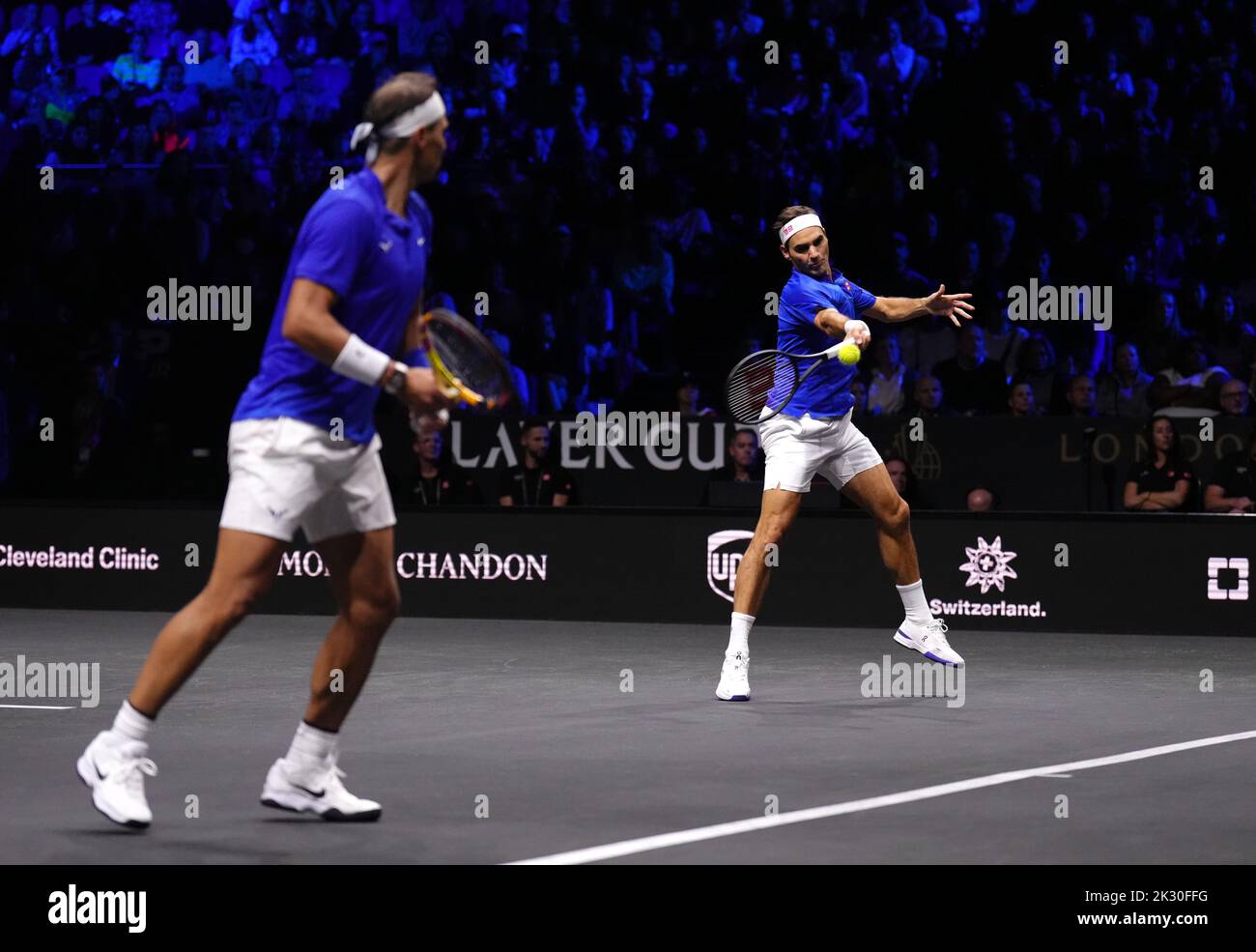 Team Europe's Roger Federer (right) and Rafael Nadal in action against Team World's Jack Sock and Frances Tiafoe during their Welterweight bout during Bellator 385 at the 3 Arena, Dublin. Picture date: Friday September 23, 2022. Stock Photo