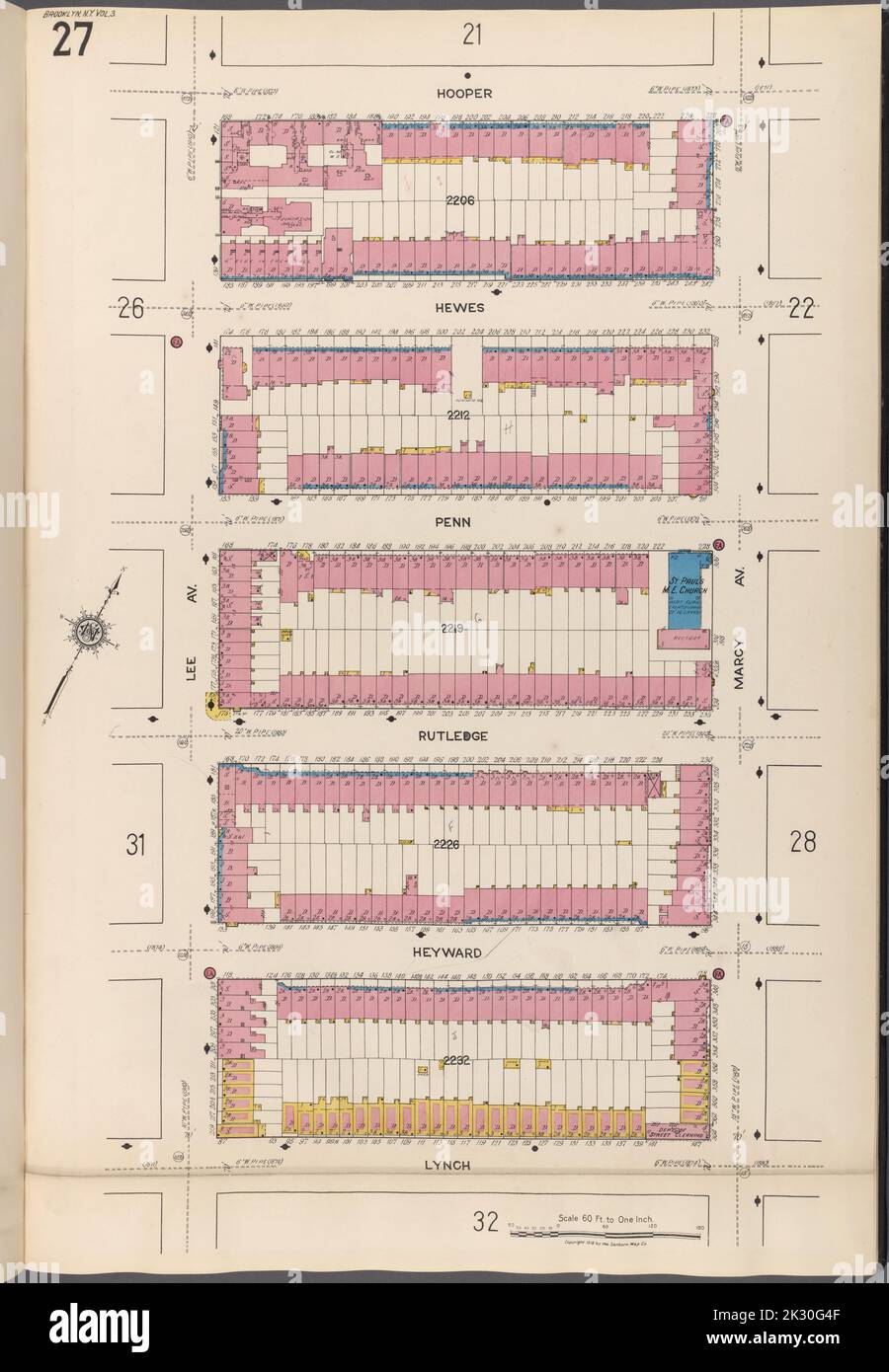 Cartographic, Maps. 1884 - 1936. Lionel Pincus and Princess Firyal Map Division. Fire insurance , New York (State), Real property , New York (State), Cities & towns , New York (State) Brooklyn V. 3, Plate No. 27 Map bounded by Hooper, Marcy Ave., Lynch, Lee Ave. Stock Photo