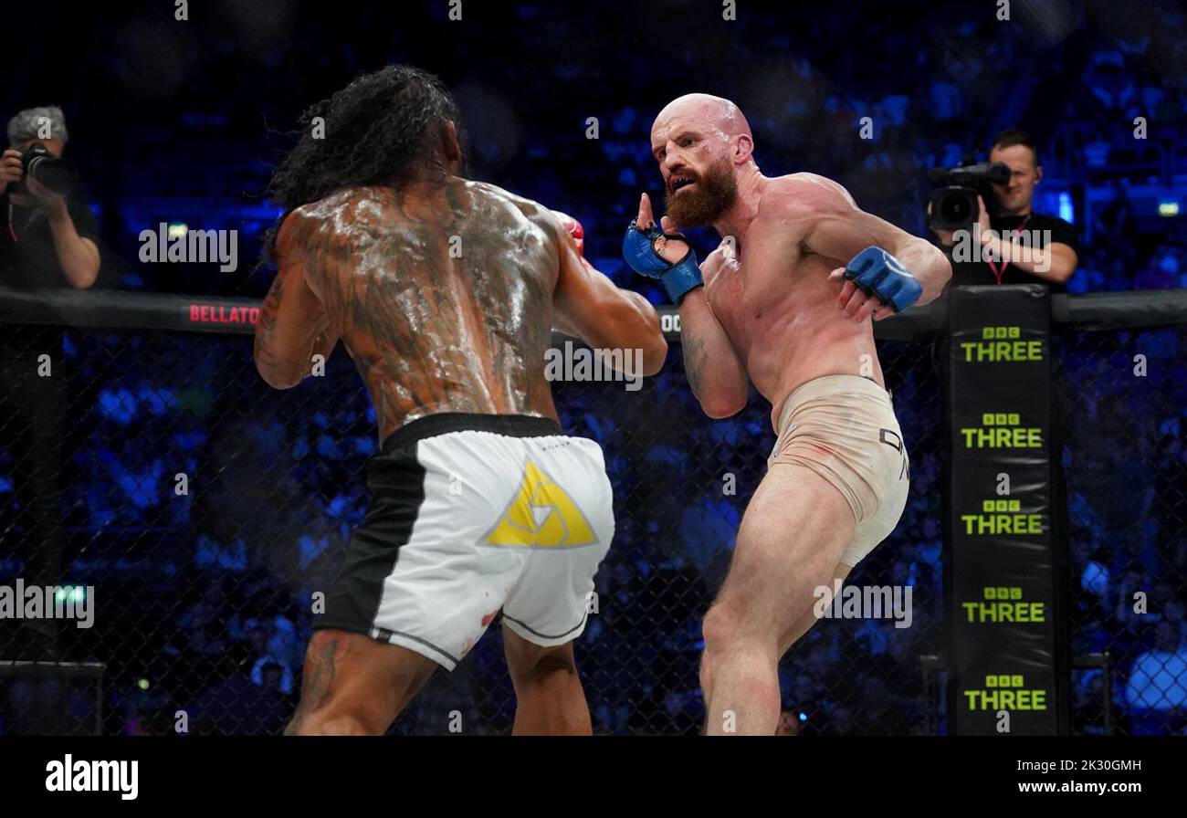 Benson Henderson (left) and Peter Queally in action during their Welterweight bout during Bellator 385 at the 3 Arena, Dublin. Picture date: Friday September 23, 2022. Stock Photo