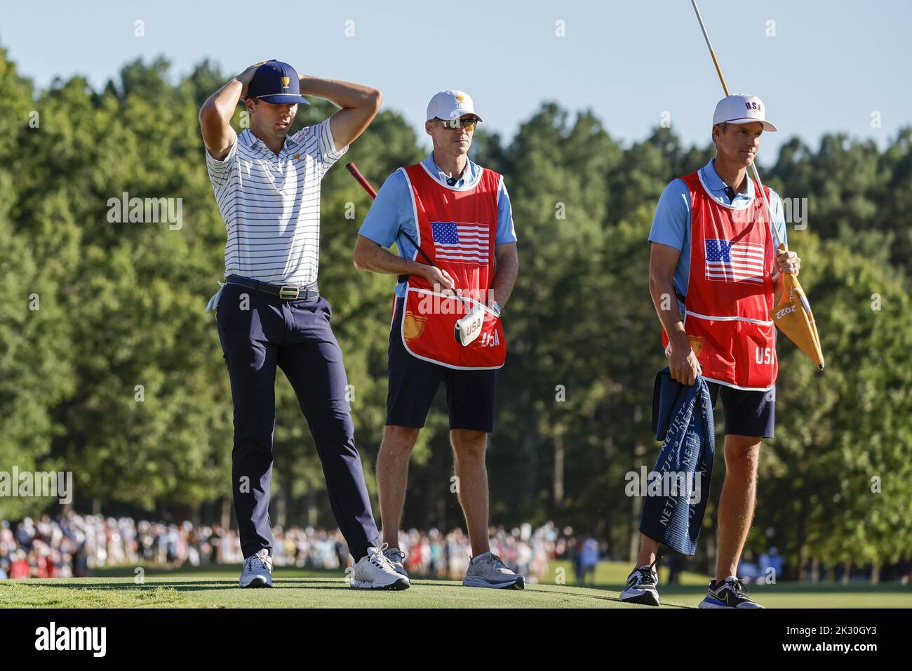 Charlotte, United States. 23rd Sep, 2022. Patrick Cantlay reacts as his pairing in Four-Ball match play ends in a tie at the Presidents Cup golf championship in Charlotte, North Carolina on Friday, September 23, 2022. Photo by Nell Redmond/UPI. Credit: UPI/Alamy Live News Stock Photo
