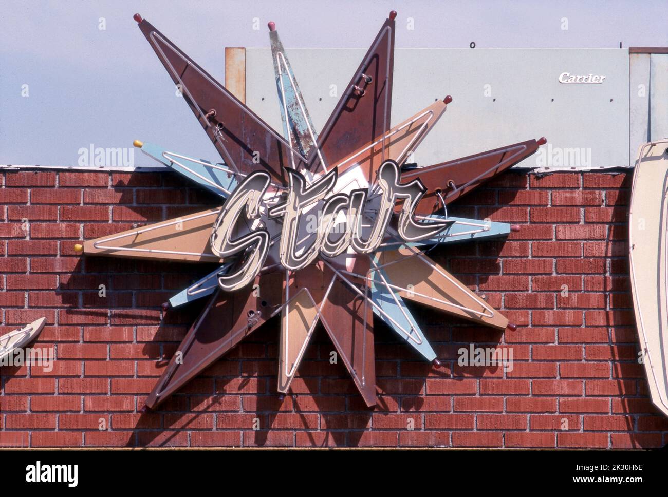 A vintage neon sign for the Star Lanes bowling alley in Hollywood, CA., probably dates to the 1960s when bowling was a popular leisure activity for Americans and most towns had at least one bowling alley. Stock Photo