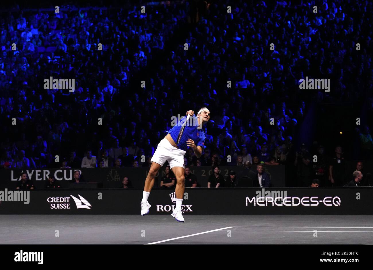 Team Europe's Roger Federer in action against Team World's Jack Sock and Frances Tiafoe on day one of the Laver Cup at the O2 Arena, London. Picture date: Friday September 23, 2022. Stock Photo
