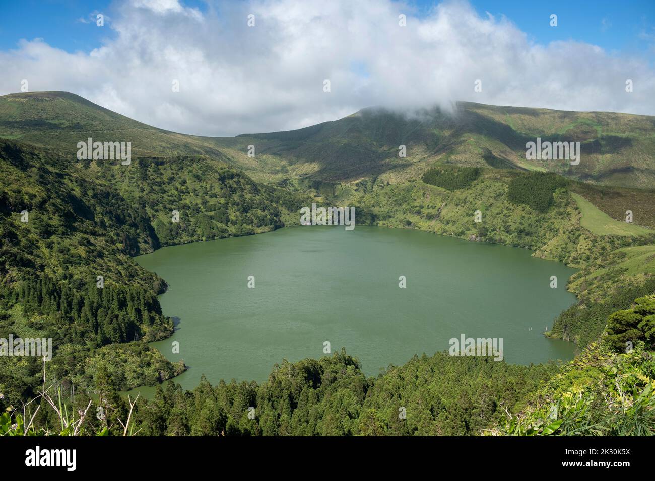 Lake amidst Morro Alto and Pico da Se mountains, Flores Island, Azores, Portugal Stock Photo