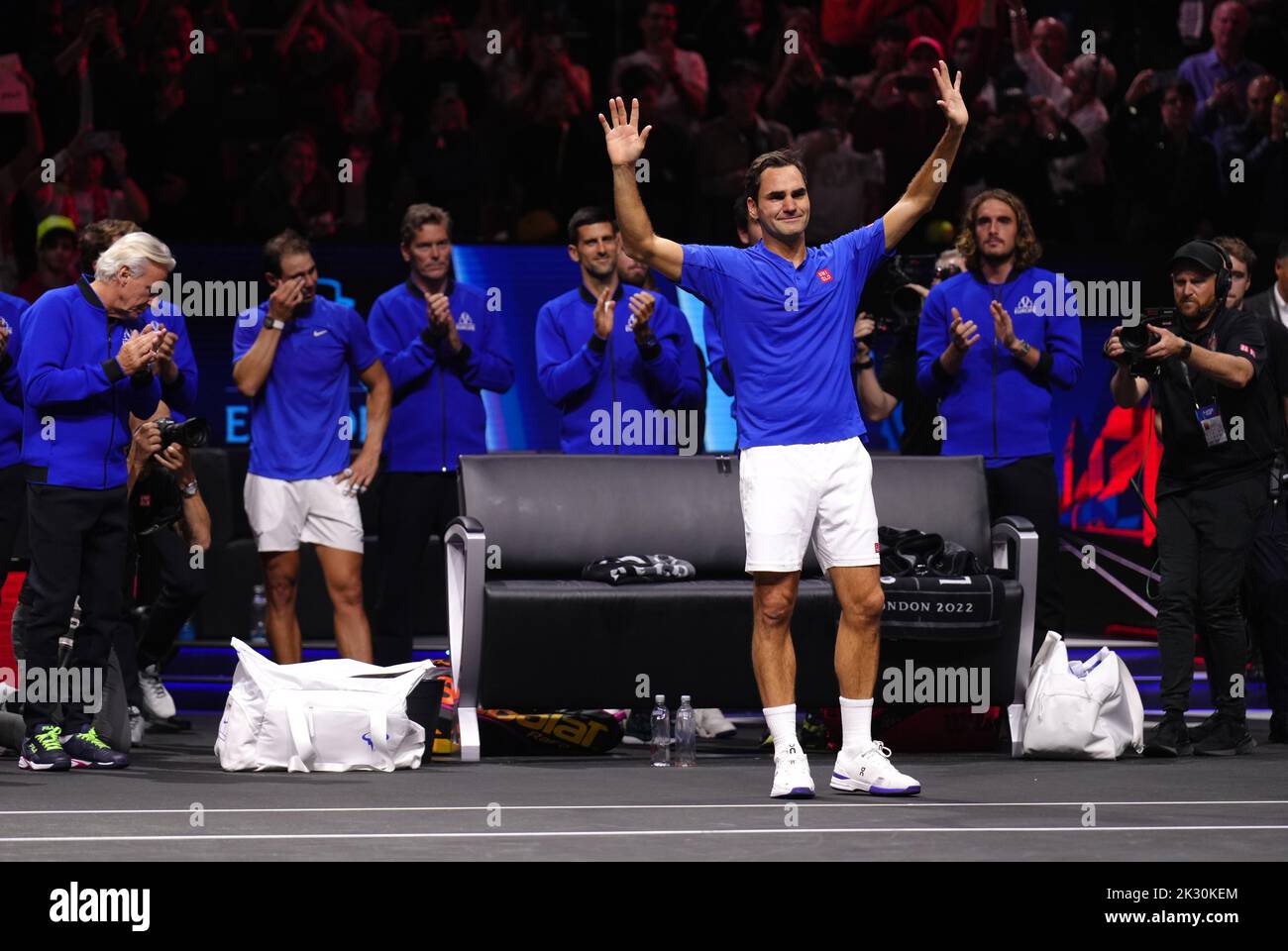 Team Europe's Roger Federer reacts after his final competitive match on day one of the Laver Cup at the O2 Arena, London. Picture date: Friday September 23, 2022. Stock Photo