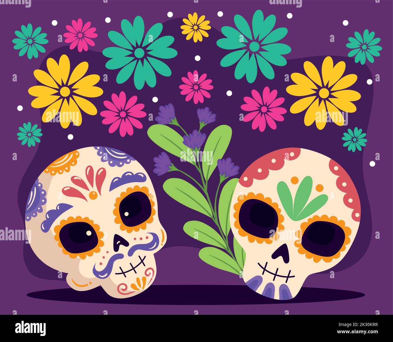 dia de los muertos skulls with floral pattern poster Stock Vector