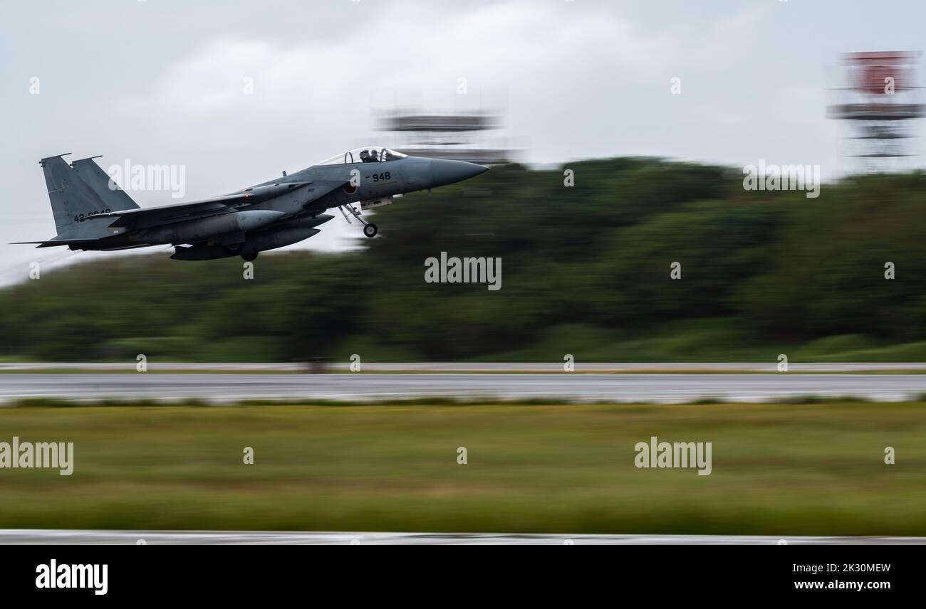 A Japan Air Self-Defense Force F-15J takes off in support of Exercise Southern Beach at Naha Air Base, Japan, Sept. 16, 2022. Exercise Southern Beach is a locally organized bilateral training exercise that enhances interoperability with the opportunity for 18th Wing and Japan Air Self-Defense Force units to practice mission planning, flying and debriefing together. (U.S. Air Force photo by Senior Airman Stephen Pulter) Stock Photo