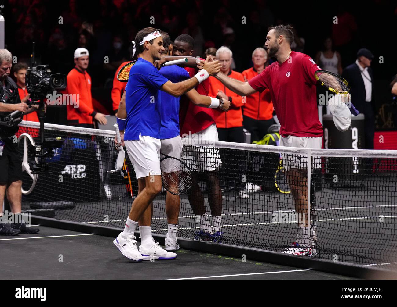 Team Europe's Roger Federer shakes hands with Team World's Jack Sock after his final competitive match on day one of the Laver Cup at the O2 Arena, London. Picture date: Friday September 23, 2022. Stock Photo