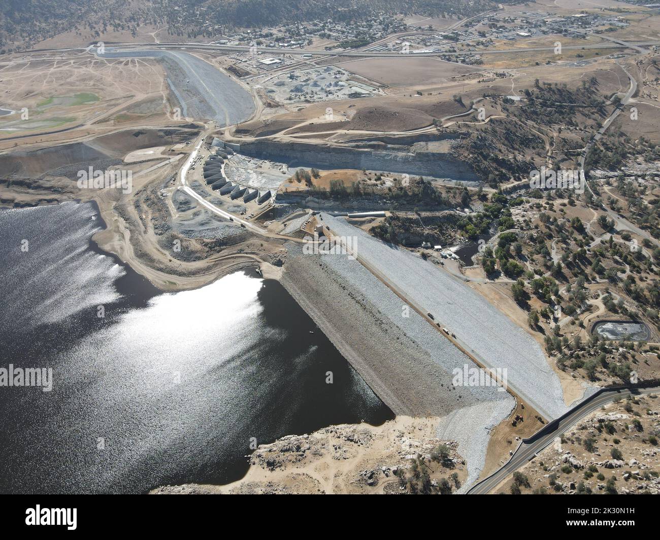 An aerial view of the Isabella Dam Safety Modification Project in Lake