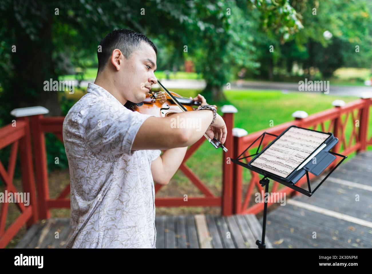 Violinist playing violin looking at sheet music in park Stock Photo