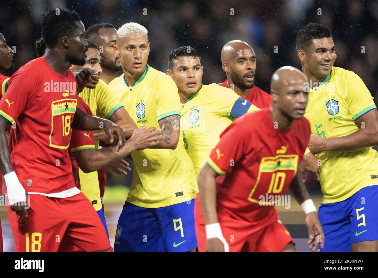 Le Havre, France. 24th Sep, 2022. Richarlison, Thiago Silva and Casemiro of Brazil in action during the International Friendly match between Brazil and Ghana at Stade Oceane, on September 23, 2022 in Le Havre, France. Photo by David Niviere/ABACAPRESS.COM Credit: Abaca Press/Alamy Live News Stock Photo