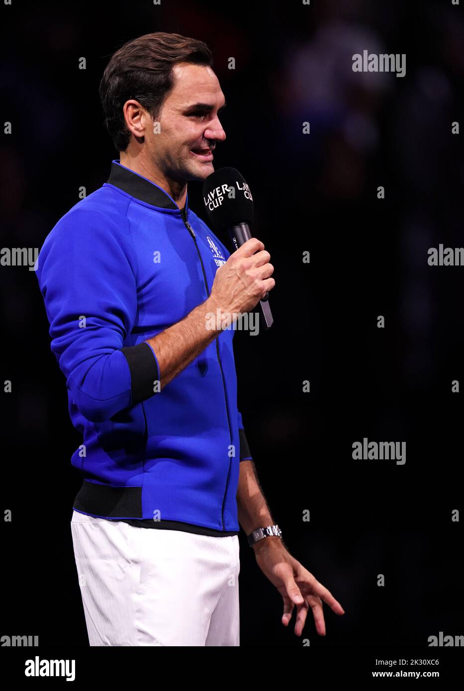 Roger Federer reacts after his final competitive match on day one of the Laver Cup at the O2 Arena, London. Picture date: Friday September 23, 2022. Stock Photo
