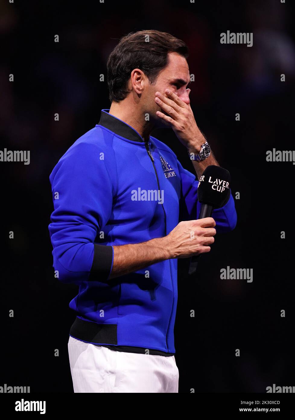 Roger Federer reacts after his final competitive match on day one of the Laver Cup at the O2 Arena, London. Picture date: Friday September 23, 2022. Stock Photo