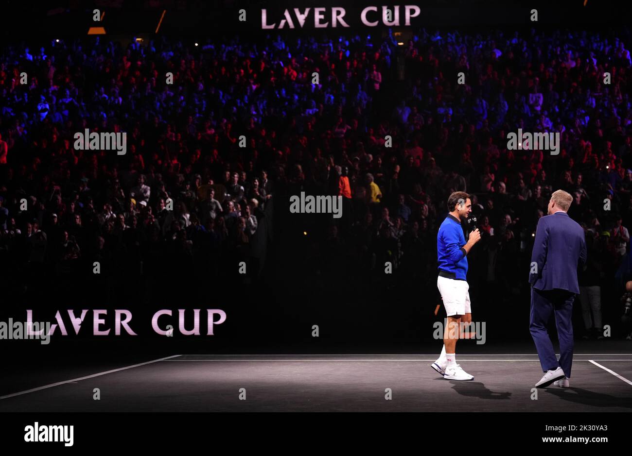 Roger Federer speaks to the crowd after his final competitive match on day one of the Laver Cup at the O2 Arena, London. Picture date: Friday September 23, 2022. Stock Photo