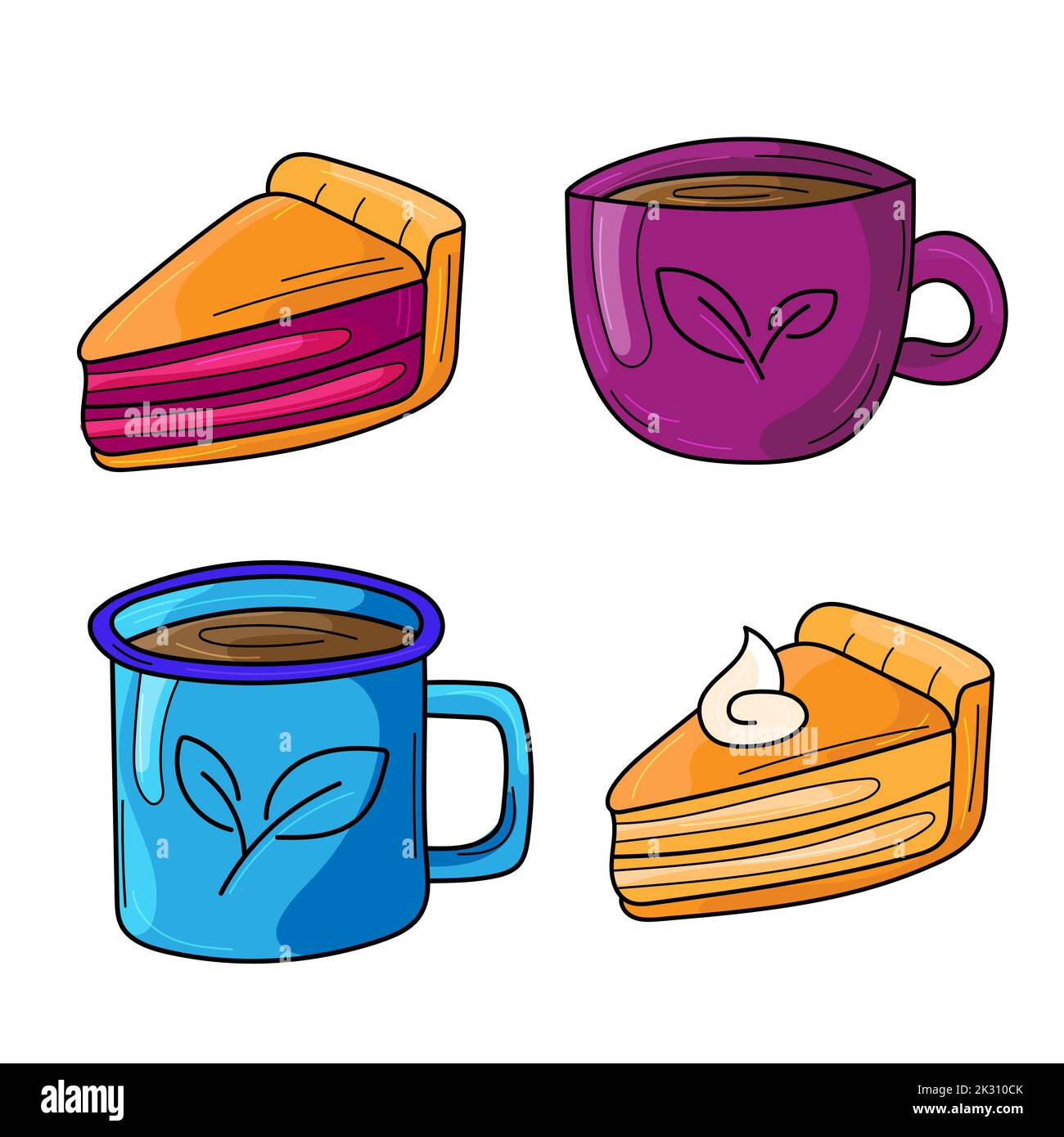 Set of tea in cups and pies. Cartoon vector illustration isolated on ...