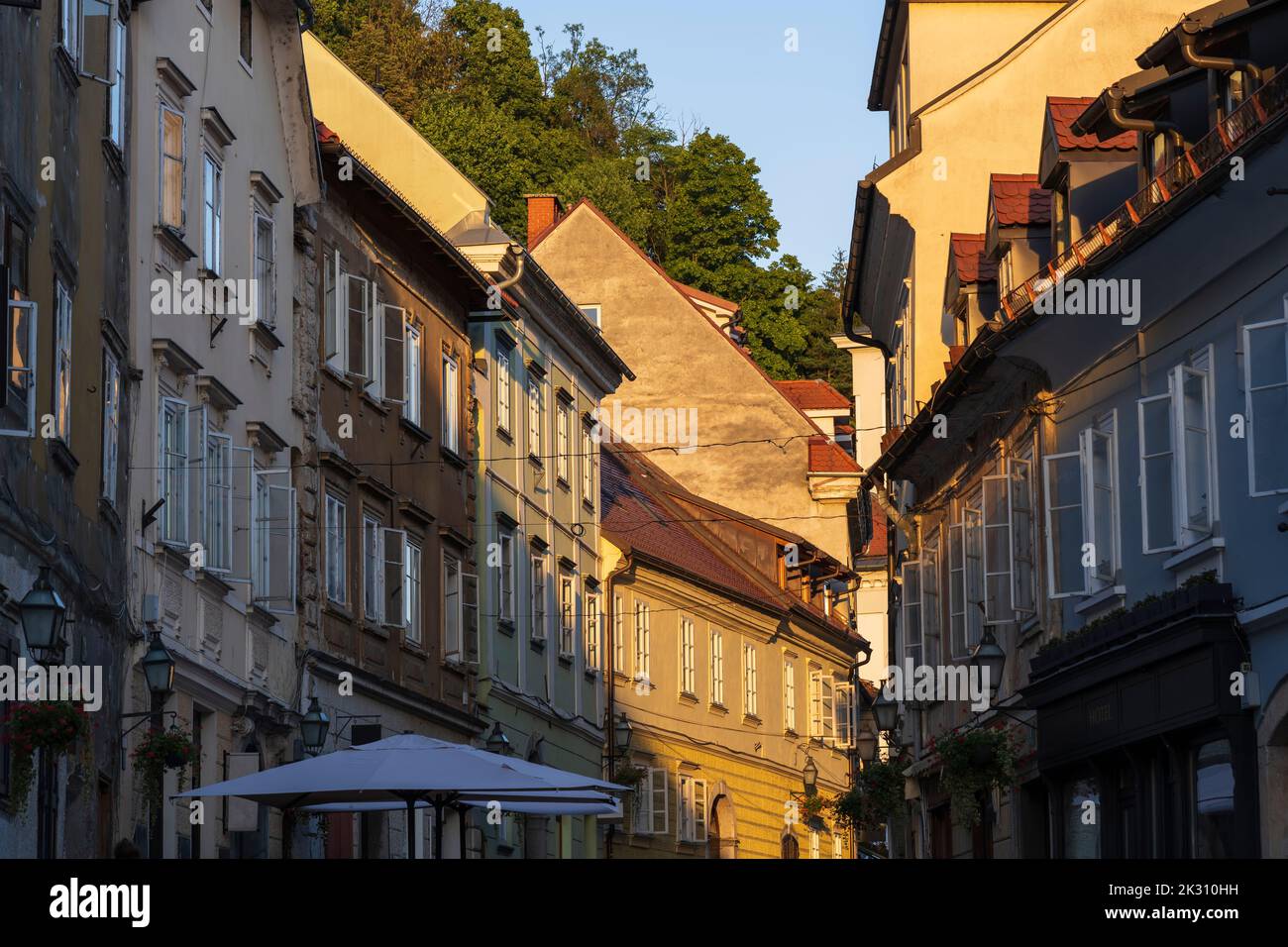 Slovenia, Ljubljana, Old Town houses at dusk Stock Photo