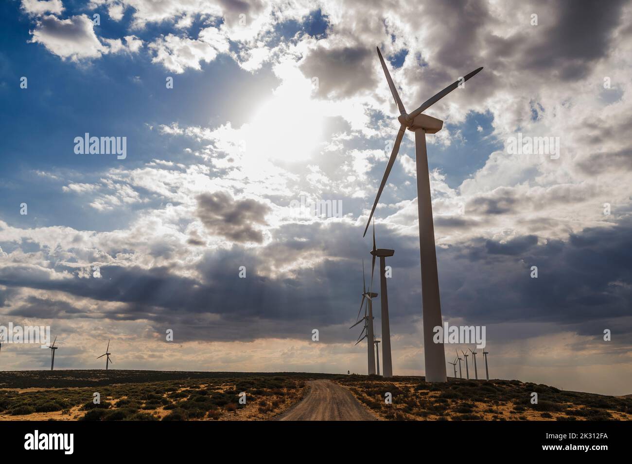 Tall wind turbines at wind farm on sunny day Stock Photo