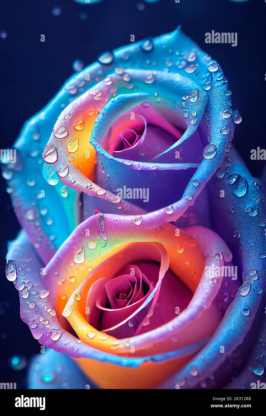 Heads of blue and pink roses covered in raindrops Stock Photo