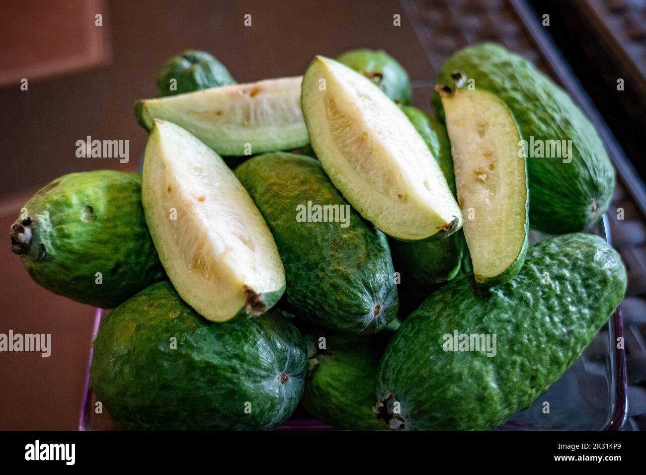 Feijoa (Acca sellowiana) is a tropical fruit native to the American tropics Stock Photo
