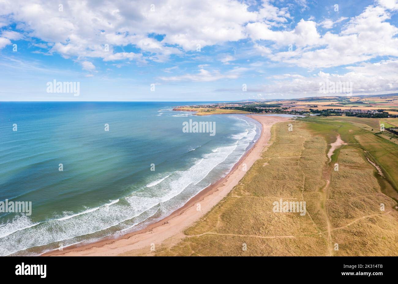 UK, Scotland, Dunbar, Aerial view of Belhaven Bay in summer Stock Photo