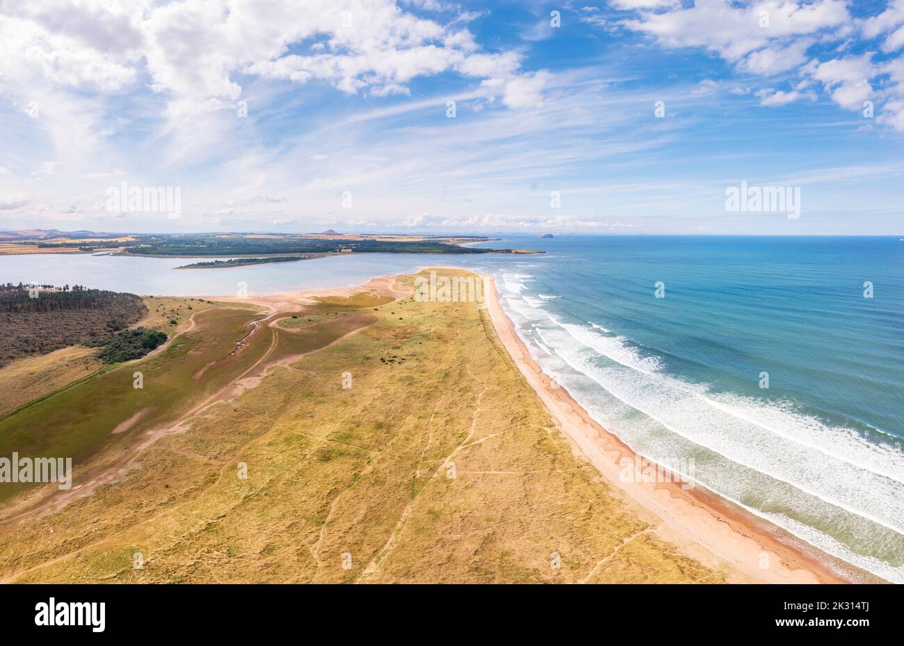 UK, Scotland, Dunbar, Aerial view of Belhaven Bay in summer Stock Photo