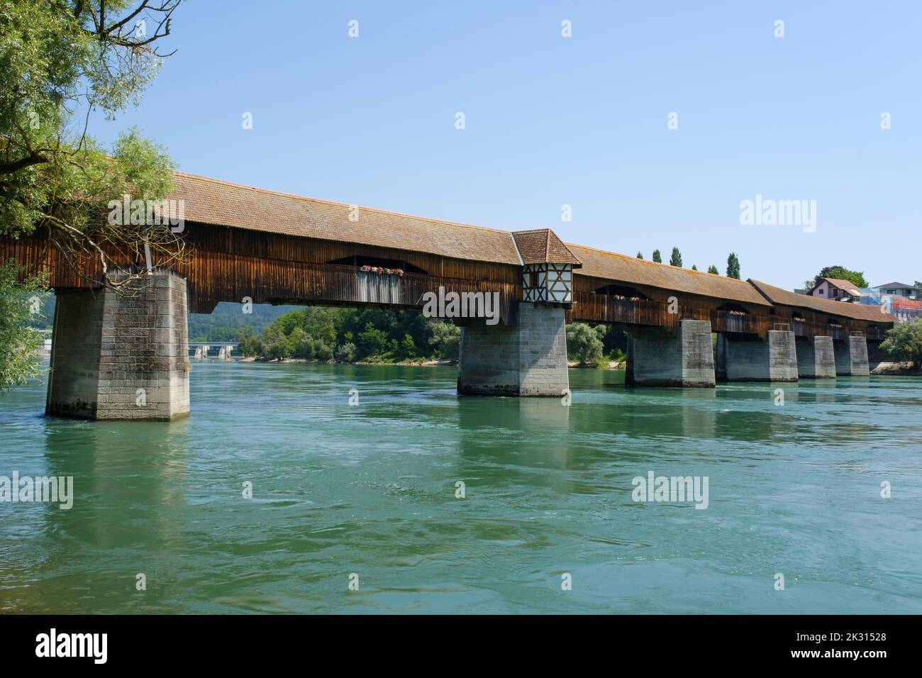 Germany, Baden-Wurttemberg, Bad Sackingen, Medieval Holzbrucke bridge stretching over river Rhine Stock Photo