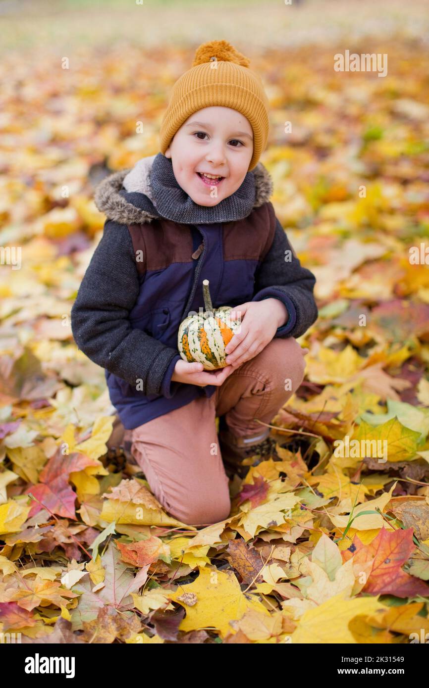 Happy boy holding pumpkin in park Stock Photo