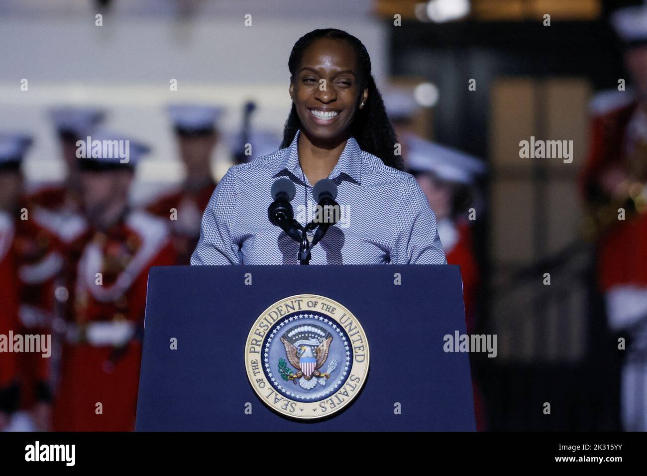 Athen White, Director of Youth Development & Community Engagement, Supporting and Mentoring Youth Advocates and Leaders (SMYAL) attends a performance by British rocker Elton John at the White House in Washington, U.S., September 23, 2022. REUTERS/Evelyn Hockstein Stock Photo