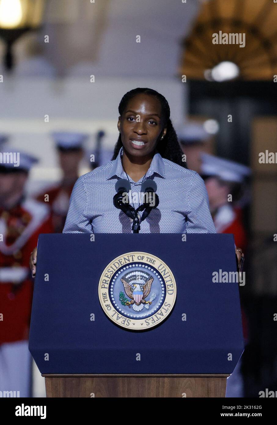 Athen White, Director of Youth Development & Community Engagement, Supporting and Mentoring Youth Advocates and Leaders (SMYAL) attends a performance by British rocker Elton John at the White House in Washington, U.S., September 23, 2022. REUTERS/Evelyn Hockstein Stock Photo