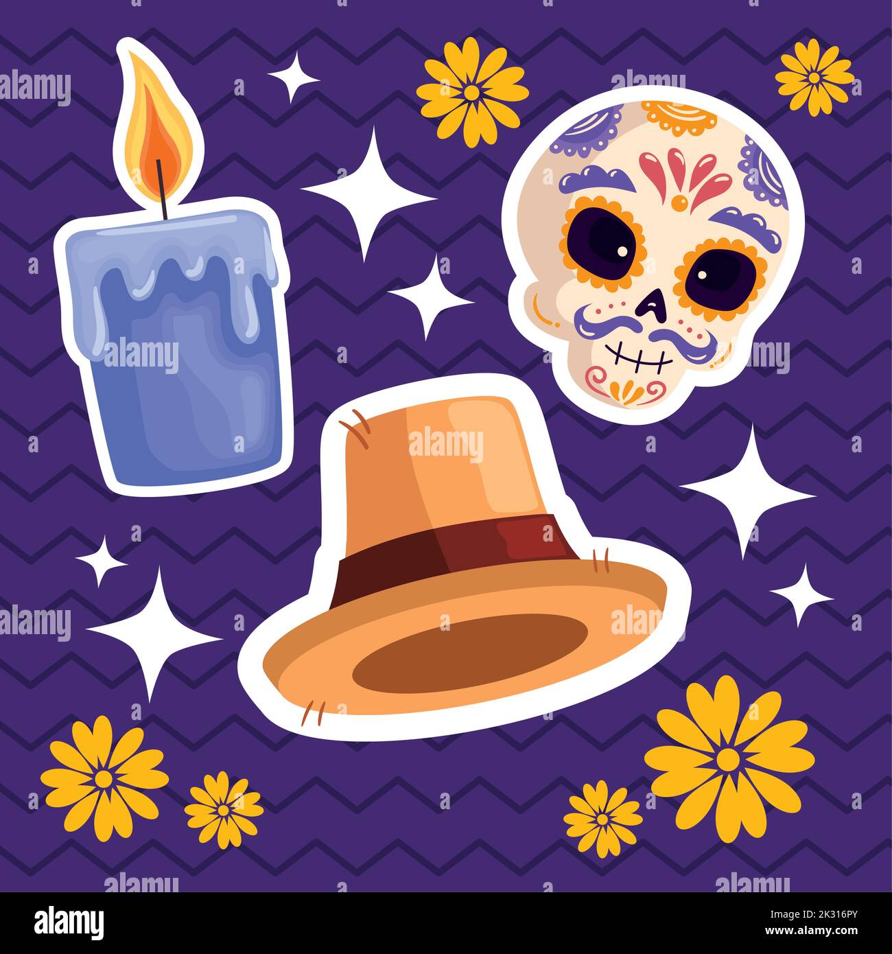 dia de los muertos icons with flowers Stock Vector