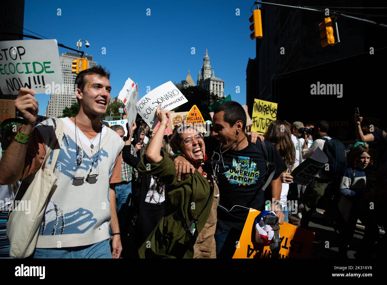 New York City, United States. 23rd Sep, 2022. Protesters dance and chant in crowd during the Climate strike. Hundreds of youth climate protesters marched from Foley Square to Battery Park with Fridays for the Future International Climate Strike. Credit: SOPA Images Limited/Alamy Live News Stock Photo