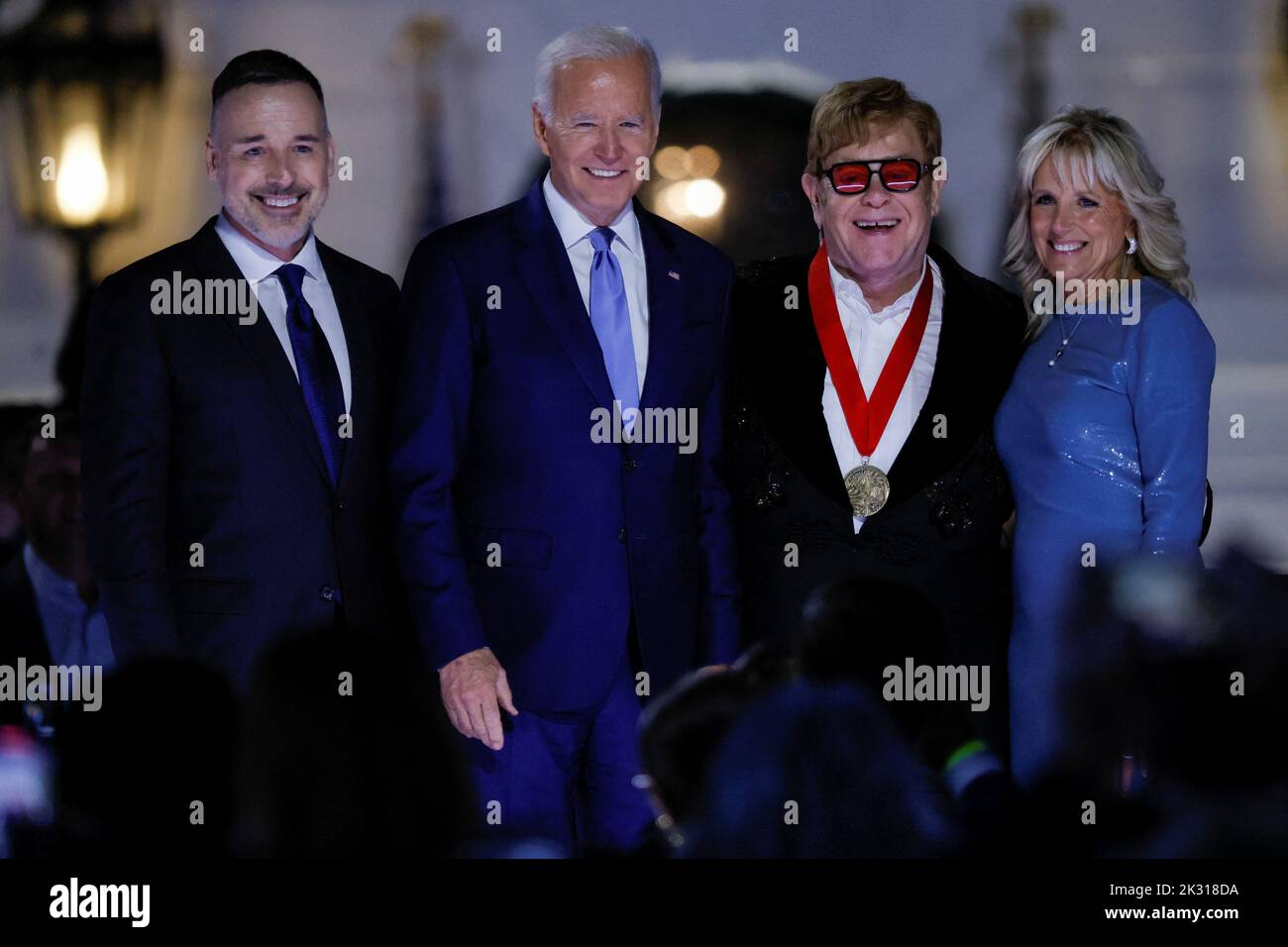 British rocker Elton John reacts after being awarded the National Humanities Medal by U.S. President Joe Biden and U.S. first lady Jill Biden at the White House in Washington, U.S., September 23, 2022. REUTERS/Evelyn Hockstein Stock Photo