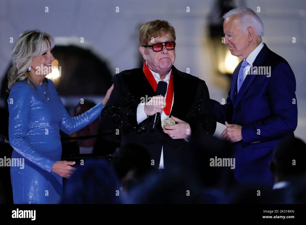 British rocker Elton John is awarded the National Humanities Medal by U.S. President Joe Biden at the White House in Washington, U.S., September 23, 2022. REUTERS/Evelyn Hockstein Stock Photo