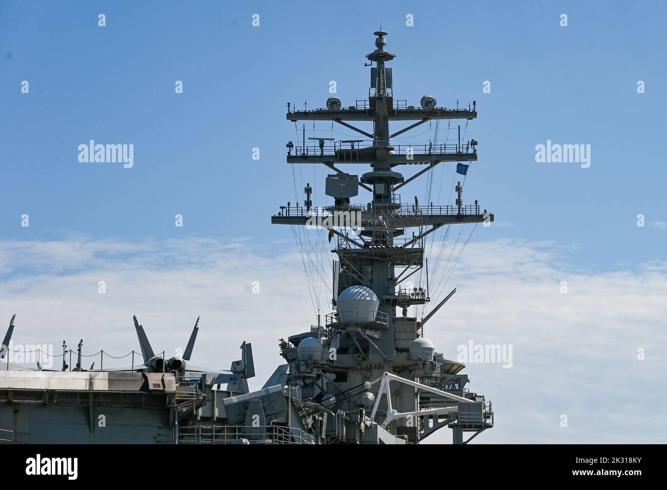 Busan, South Korea. 23rd Sep, 2022. The USS Ronald Reagan aircraft carrier is docked in Busan, South Korea on Friday, September 23, 2022. The visit is the nuclear-powered carrier's first in five years amid growing threats from North Korea. Photo by Thomas Maresca/UPI Credit: UPI/Alamy Live News Stock Photo