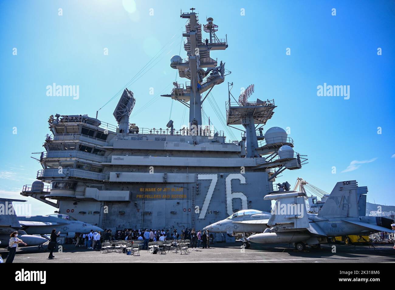 Busan, South Korea. 23rd Sep, 2022. The USS Ronald Reagan aircraft carrier is docked in Busan, South Korea on Friday, September 23, 2022. The visit is the nuclear-powered carrier's first in five years amid growing threats from North Korea. Photo by Thomas Maresca/UPI Credit: UPI/Alamy Live News Stock Photo