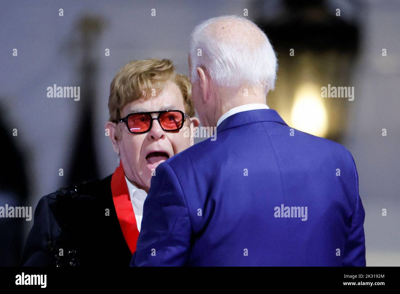 British rocker Elton John is awarded the National Humanities Medal by U.S. President Joe Biden at the White House in Washington, U.S., September 23, 2022. REUTERS/Evelyn Hockstein     TPX IMAGES OF THE DAY Stock Photo