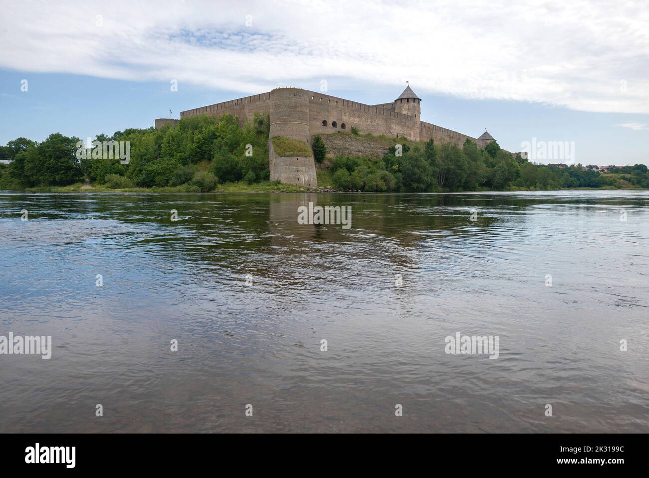 View of the Ivangorod fortress from the border river Narva on a cloudy