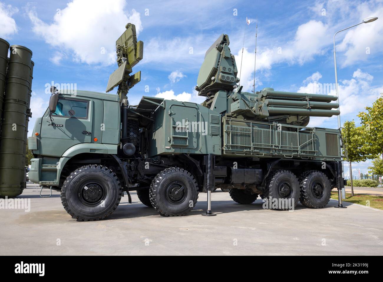 MOSCOW REGION, RUSSIA - AUGUST 25, 2020: Russian self-propelled anti-aircraft missile and gun complex 'Pantsir-S' based on the Kamaz-6560 vehicle at t Stock Photo